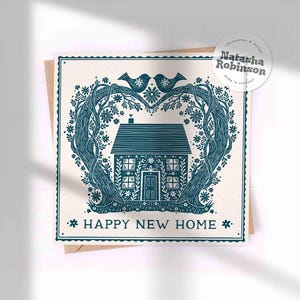 Bonne nouvelle maison | Carte de voeux d'art illustrée vierge carrée | Carte bien pensée pour un déménagement pour couple, famille, ami | Style lino bleu sarcelle