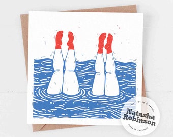 Swimming Ladies Handstand Square Blank Greetings Card | Lino Style Illustrated Art | Pool Sea Wild Cold Water Cornwall Friendship