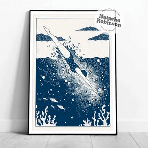 Sea Swimming Art Print | Open Water Diving Lino Style Illustration | Pool Cornwall Home Decor | A3 A4 Wall Art Poster Navy White Minimal