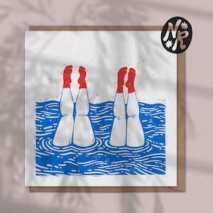 Swimming Ladies 3 Handstand Square Blank Greetings Card | Lino Style Illustrated Art | Pool Sea Wild Cold Water Cornwall Friendship