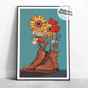 Wildflowers and Doc Martens Boots | Wall Art Decor Illustrated Gardener Print A3 A4 | Bold Funky Vibrant Quirky