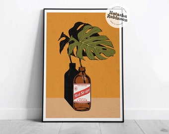 Monstera Plant & Red Stripe Beer Wall Art Illustration Illustrated Print A2 A3 A4 Bold Funky Reggae Jamaica