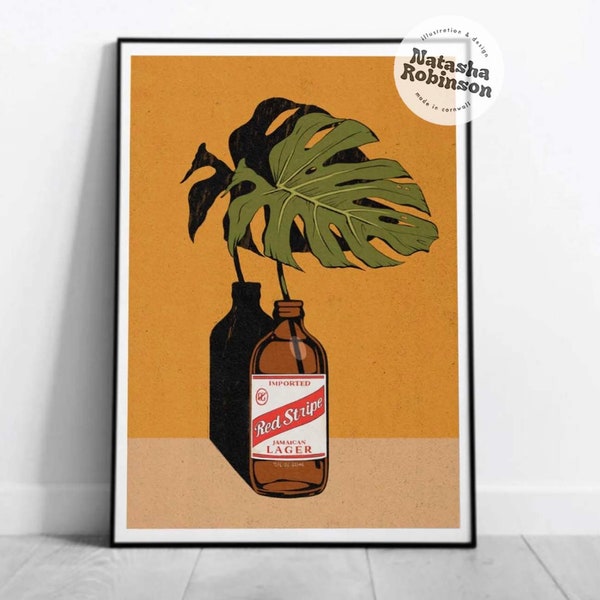 Monstera plant & rode streep bier muur kunst illustratie geïllustreerde print a2 a3 a4 vet funky reggae Jamaica