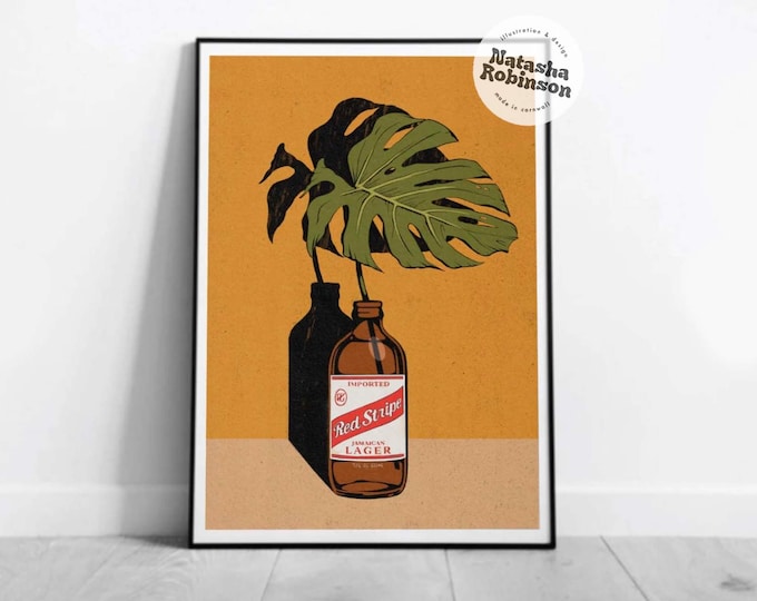 Monstera Plant & Red Stripe Beer Wall Art Illustration Illustrated Print A2 A3 A4 Bold Funky Reggae Jamaica