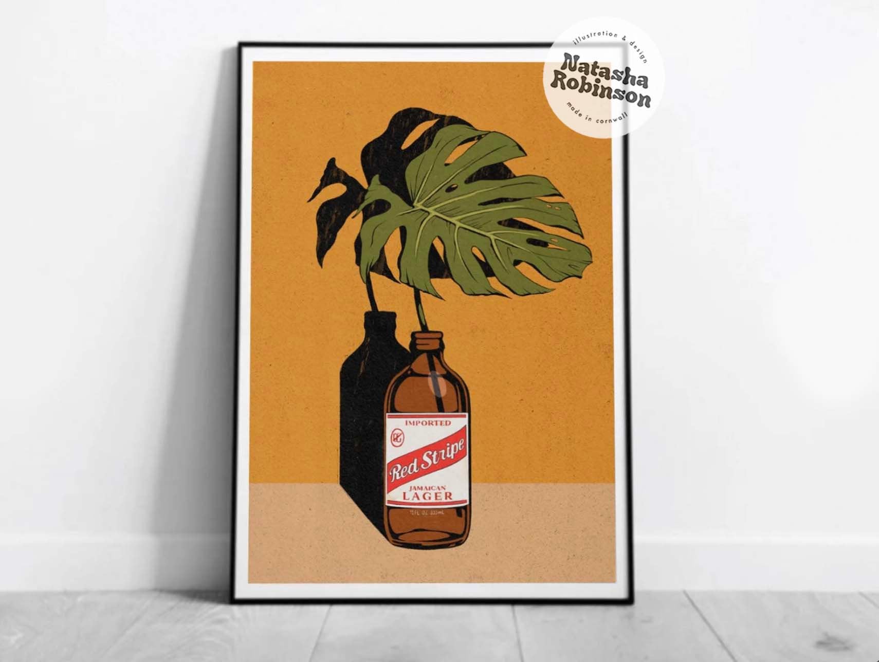 Monstera Plant & Red Stripe Beer Wall Art Illustration Illustrated Print A2 A3 A4 Bold Funky Reggae Jamaica