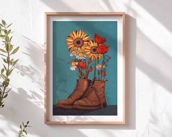 Wild Flowers and Boots | Wall Art Decor Illustrated Gardener Print A3 A4 | Bold Funky Vibrant Quirky Sunflower Poppy Cornflower Foraging