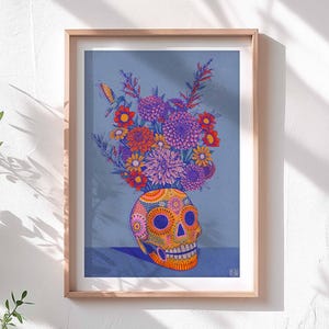Mexican Skull & Flowers | Calavera Dahlia Hummingbird | Día de los Muertos Wall Art Decor Illustrated Mexico Print A4 | Funky Vibrant Quirky
