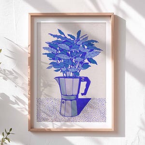 Café bleu | Illustration d&#39;art mural illustrée impression A3 A4 Audacieuse cuisine géniale café maison de thé plante fin gourmet percolateur décoration d&#39;intérieur minimaliste