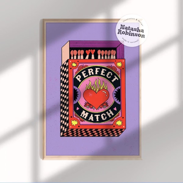 Perfect Match | A4 Poster Print Wall Art | Couple Vintage Love Matchbox Illustration Wedding Anniversary Engagement Gift Heart Roses