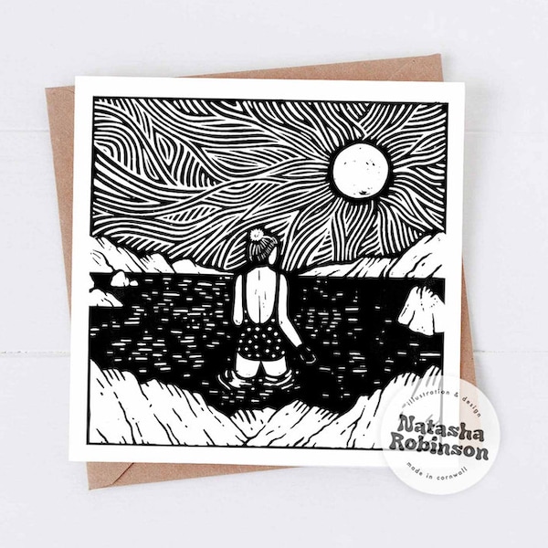 A Cold Dip Blank Greetings Card | Lino Style Illustrated Art | Sea Swimming Open Water Swimmer Birthday Occassion Friendship Just Because