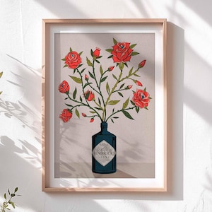 Rosas rojas y ginebra / Ilustración de arte mural Impresión ilustrada A3 A4 Atrevida y divertida / A3 A4 A5