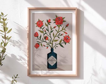 Red Roses and Gin | Wall Art Illustration Illustrated Print A3 A4 Bold Funky | A3 A4 A5