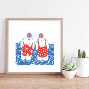 Ilustração quadrada da arte do estilo de Lino das impressão de <br> Entrega Rápida? Piscina Mar Cornualha Bonés Amizade de Aquacise | Arte de parede quadrada