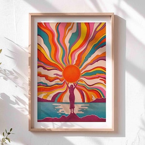 Sonnengöttin Kunstdruck | Retro Print, bunte Wand Dekoration, Sonnenschein 70er Jahre Kunst, Boho Wohnkultur, lebendige Kunst, weiblich, Meer