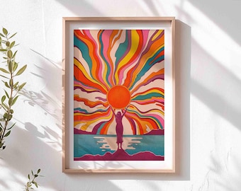 Sun Goddess Art Print | Retro Print, Colourful Wall Decor, Sunshine 70's Art, Bold Funky Art, Boho Home Decor, Vibrant Poster, Feminine, Sea