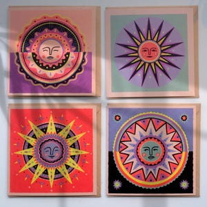 Collection Soleil | Lot de 4 cartes de voeux artistiques | Lumineux, coloré, amusant, blanc, fantaisiste | Anniversaire Ami Vierge Merci Nouvelle Maison Carré