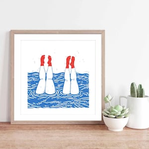 Handstand Wild Swimming Ladies Square Lino Style Art Illustration Print | Pool Sea Cornwall Hats Aquacise Friendship | Square Wall Art