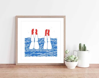 Handstand Wild Swimming Ladies Square Lino Style Art Illustration Print | Pool Sea Cornwall Hats Aquacise Friendship | Square Wall Art