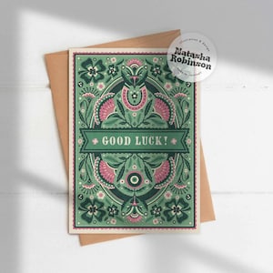Bonne chance | Carte de voeux A6 | Nouvel emploi Voyager Nouvelle maison Examens Porte-bonheur Vert rose Floral coloré lumineux Folk illustré Funky fait main