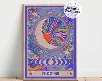 The Moon | Tarot Oracle Deck Trippy Flower Retro Art Illustration A4 Print Poster | Colourful Bold Funky Sunshine Boho Hippy Decor