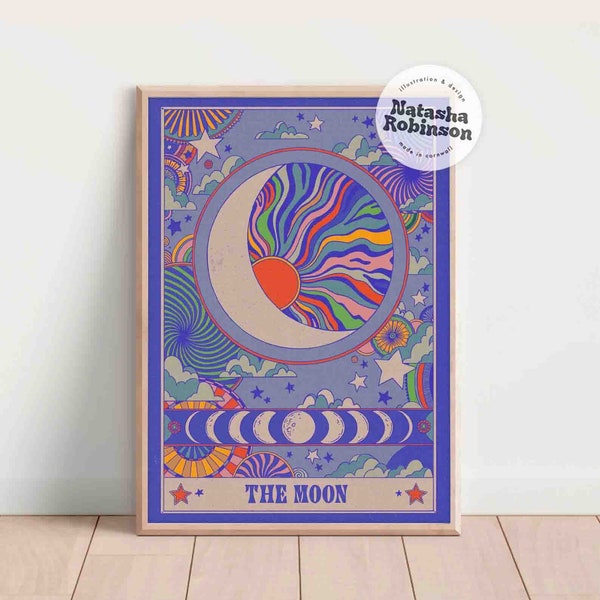 La Lune | Tarot Oracle Deck Trippy Flower Poster impression A4 Illustration d'art rétro | Déco hippie bohème bohème colorée et funky soleil