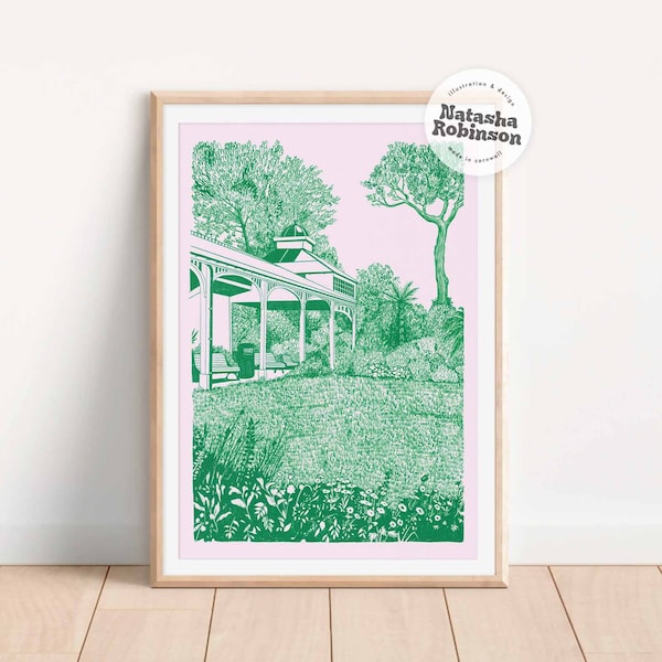 Gardens in Green | Falmouth, Cornwall Wall Art Drawing Illustration Illustrated Print | A3 A4 Bold Funky Plant Decor