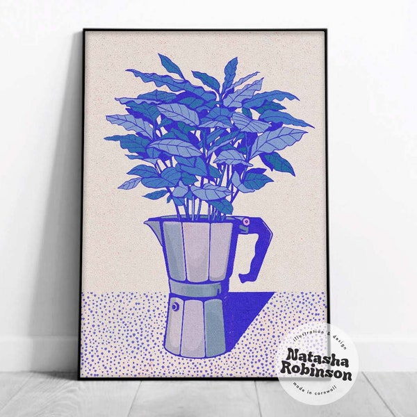 Blue Coffee | Wall Art Illustration Illustrated Print A3 A4 Bold Funky Blue Kitchen Cafe Plant Percolator Home Decor