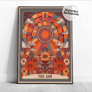 Impresión artística de la baraja del tarot The Sun / Póster de cartas del tarot, decoración del hogar boho, arte de brujas cálido y acogedor, impresión colorida vibrante para el dormitorio, pared de galería