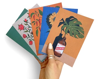 5 Pack of Funky Postcards/Mini A6 Illustrated Art Prints. Bestselling Plants, Flowers and Bottle Designs