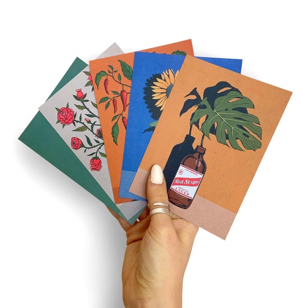 5 Pack of Funky Postcards/Mini A6 Illustrated Art Prints. Plants, Flowers and Bottles.