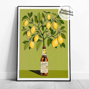 Lemon Tree and Beer | Spanish Limon Wall Art Home Decor Illustrated Print A3 A4 | Bold Funky Vibrant Quirky