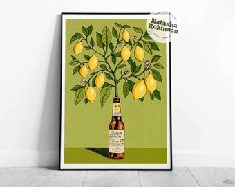 Lemon Tree and Damm Lemon | Spanish Beer Wall Art Home Decor Illustrated Print A3 A4 | Bold Funky Vibrant Quirky