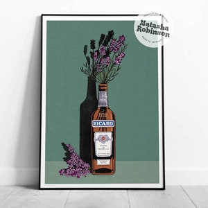 Lavender & Ricard Pastis Wall Art Illustration Illustrated Print A3 A4 A5 Bold Funky French South France Provence Marseille