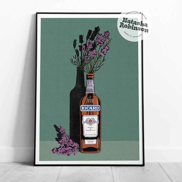 Lavender & Ricard Pastis Wall Art Illustration Impresión ilustrada A3 A4 A5 Negrita Funky Francés Sur de Francia Provenza Marsella