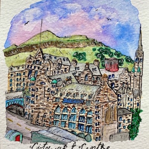 City Art Center und Arthur's Sideboard, Edinburgh Druck / Postkarte mit Umschlag | Schottland Poster | Niedliche handgemachte Karte | Notizlet als Geschenk oder Rahmen