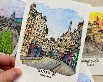 Edinburgh Postcards set of 5 | Mini Scotland Prints | Cute Handmade Card Collection with Envelopes | Notelets for Gifting or Framing