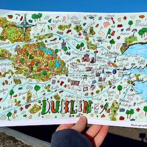 | d’impression de la carte de Dublin Irlande Illustration | Impression de cartes dessinées à la main | | d’affiches A4 | d’art moderne détaillée Centre-ville de Dublin, drapeau irlandais