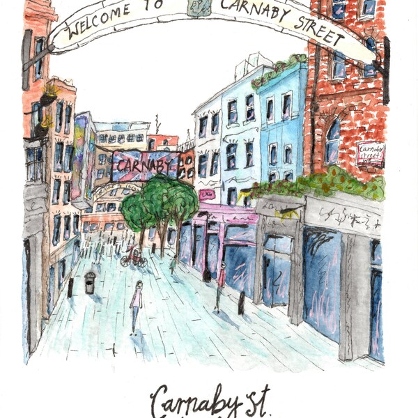 Carnaby Street London Postcard or Print | Cute Handmade Card with Envelope | Individual Notelet for Gifting or Framing | London Souvenir