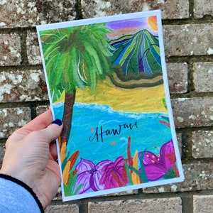 Hawaii bei Sonnenuntergang Mini Print | A5 oder Postkarte | Süßes handgemachtes Geschenk | Hawaii Souvenir | Rosa Sonnenuntergang Kunst | Honalulu, Big Island
