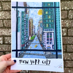 New York City Durch ein Fenster Aquarell Druck | A5 oder A4 | Süßes handgefertigtes Geschenk zum Einrahmen | NYC Souvenir | Einzigartige Wandkunst | Optional Montierung