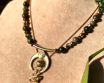 the intuition ⟡serpent⟡ necklace ⊹ ethnic spiritual magical mystical bohemian hipster boho statement necklace ⊹ serpentine moss green agate