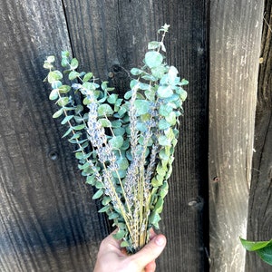 Lavender and eucalyptus bundle being held in a hand by the base of the bundle. The photo uses a wood fence background for contrast.