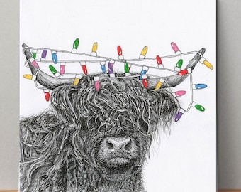 Highland Cow Christmas card | Single card | Card pack | Hand drawn prints | Christmas illustration | Exclusive art | Cambridgeshire artist