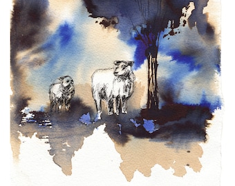 Countryside Sheep landscape print | Original art giclée print | Modern | Rustic rural farm wall art | Signed by artist | Christmas gift