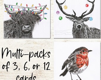 Mixed Christmas Card Pack | Stag | Highland Cow | Robin | Hand drawn prints | Christmas illustrations | Artist Xmas cards | Pack of 3