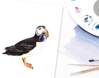PUFFIN Print | watercolour giclee print | A3 | A4 | A5| Signed by artist | Wall art | Coastal | Sea | Birds | Housewarming | nursery | Gift