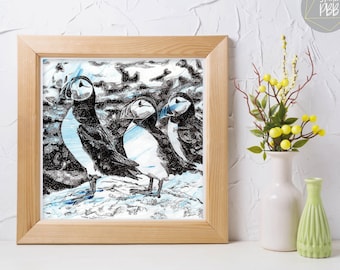 Puffin coastal landscape giclée print, mounted and ready to frame