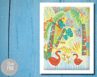 Tropical Flamingo Print | Colourful Jungle Botanical A3 Poster | Exotic Bird Wall Art