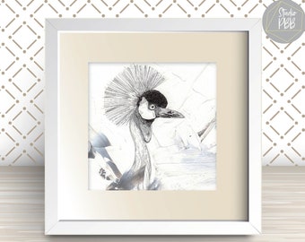 African Grey crowned crane wall art - exclusive hand illustration
