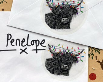 Highland Cow Christmas Stickers | Festive Gift Wrap & Envelope Seals | Hand Drawn Animal Art